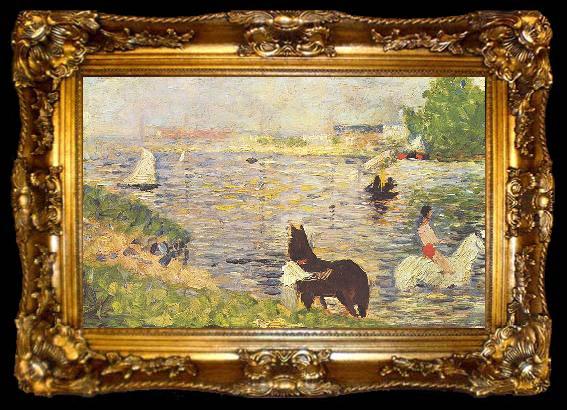 framed  Georges Seurat Weibes und schwarzes Pferd im Flub, ta009-2